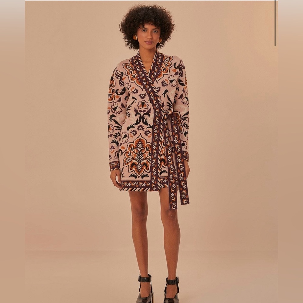FARM Rio Beige & Brown Floral Wrap Dress
